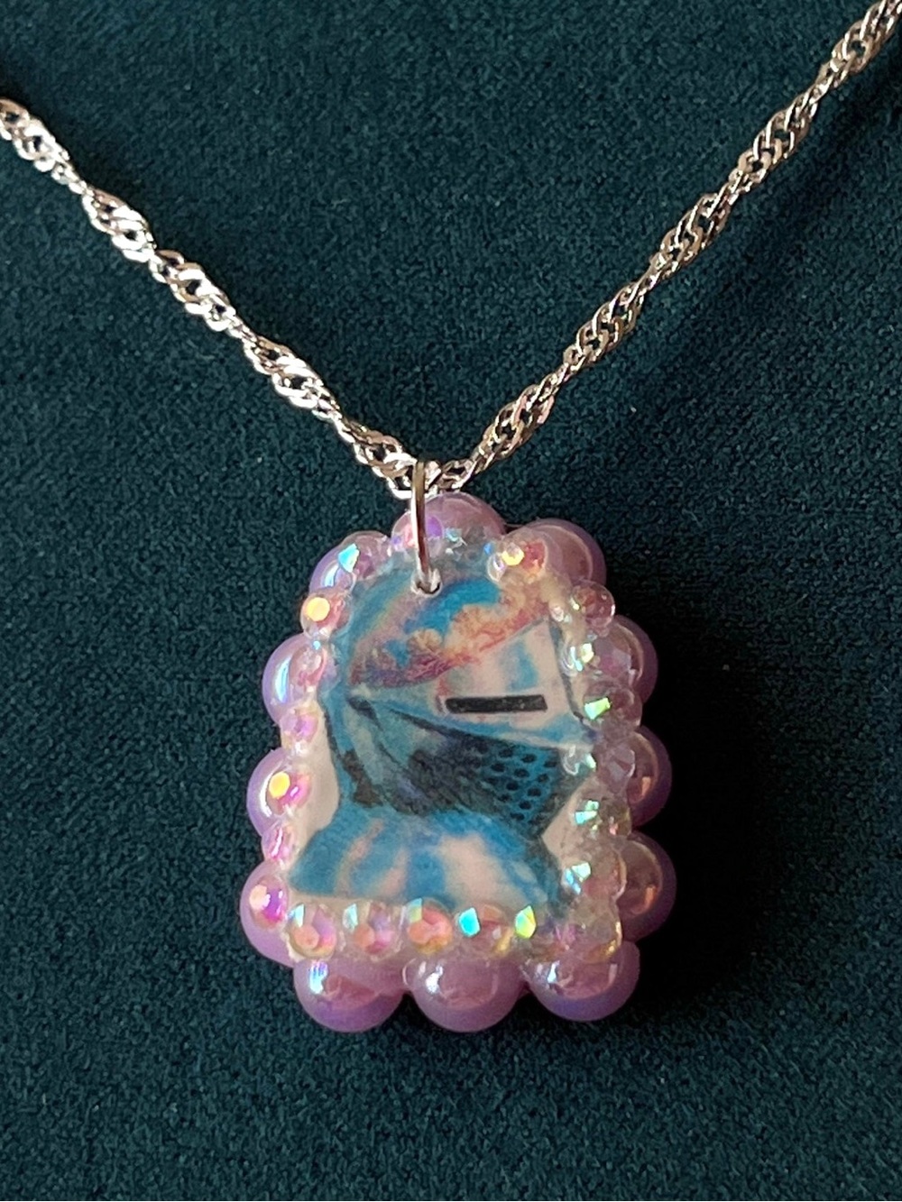Handmade Lavender Iridescent Knight Helmet Pendant Necklace